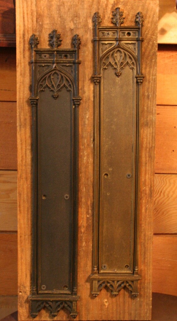 1890s Antique Brass Gothic Door Push Plates Pair