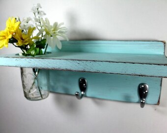 Vintage shelf 2 key hooks with floral wall vase, wood, distressed, sconce, shabby chic, home decor, country style, painted Baby Blue