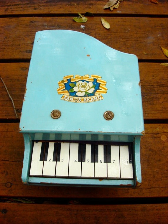 Antique Wooden Baby Blue Toy Piano 1950s