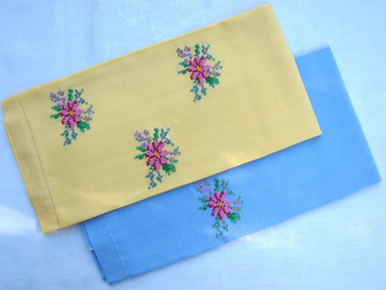 Vintage Handmade Linen Crossstitch Tea Towels by SizzleWaggles