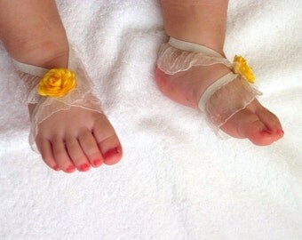 Yellow Rose Baby Barefoot Sandals - Baby Sandals - Barefoot Sandals-Handmade Baby Sandals with Cute Yoyo