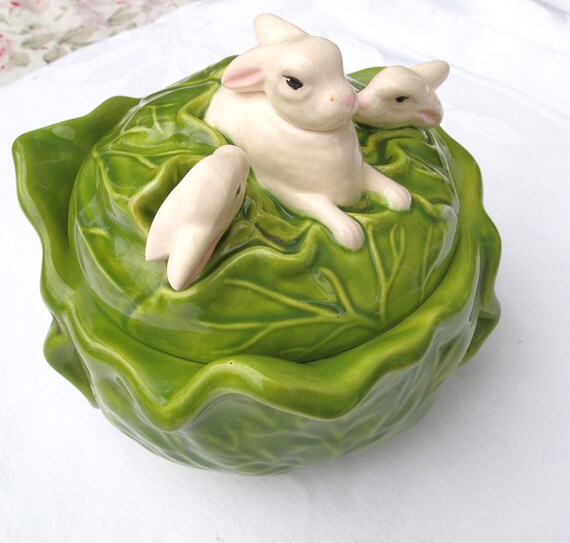 Adorable Lettuce/Cabbage Bowl with Bunnies by HouseofLucien