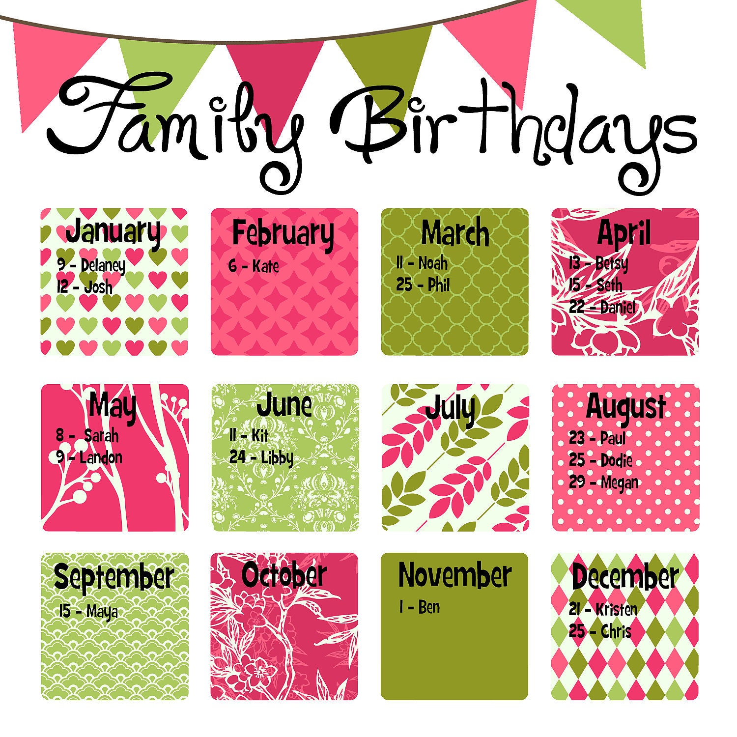 Family Birthday Calendar Digital copy you print in