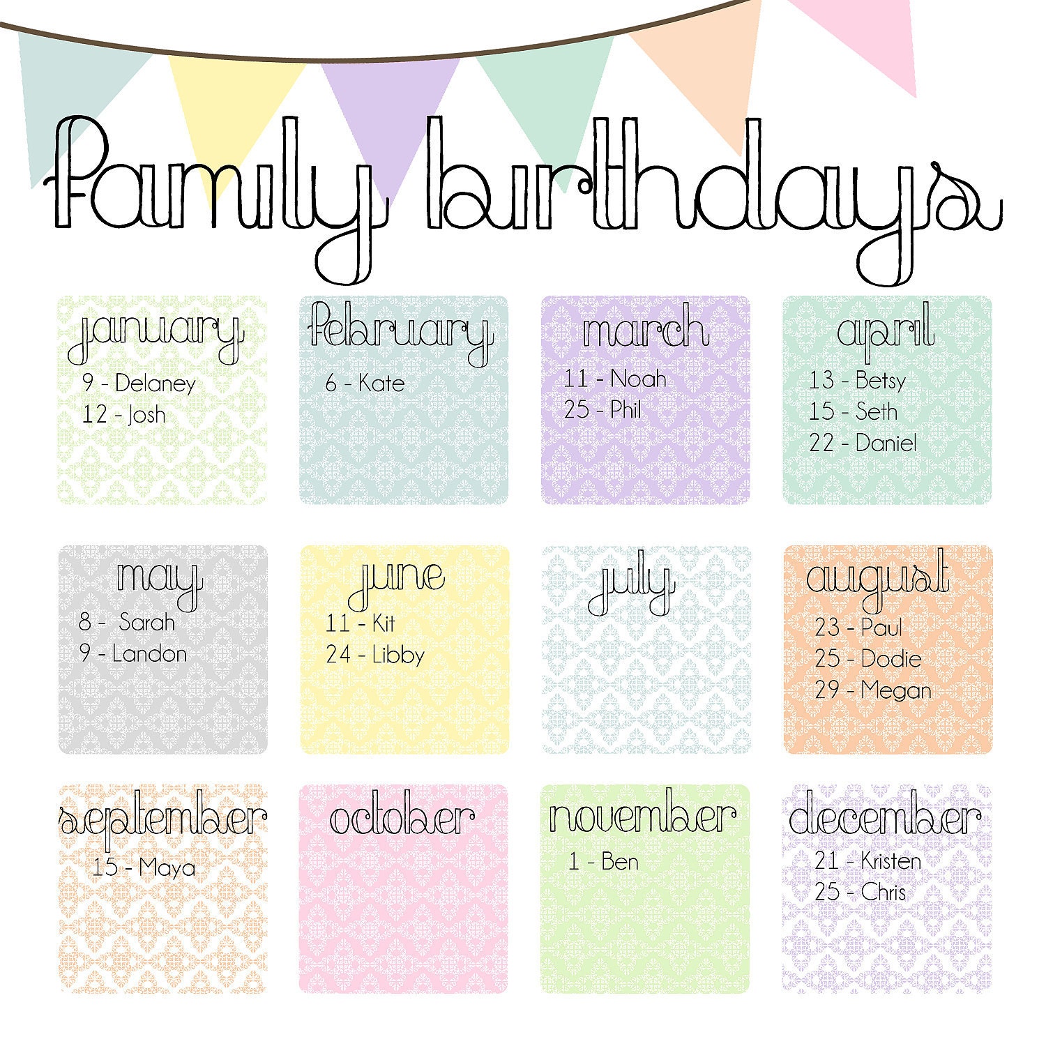 family birthday calendar digital copy you print in
