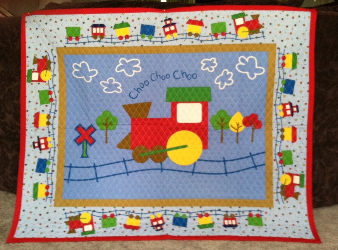 Train Quilted Baby Blanket Panel Nursery Wall Hanging Primary