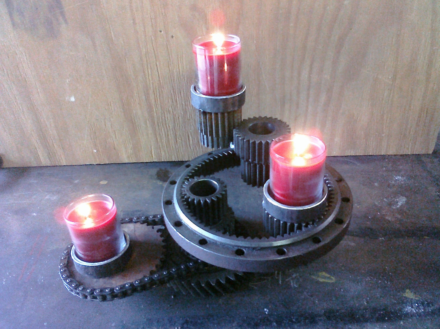 metal gear sprocket industrial candle holder centerpiece art