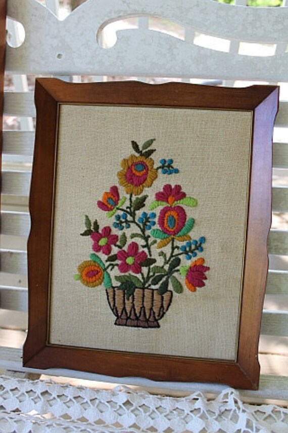 Framed Crewel Embroidery Wall Hanging