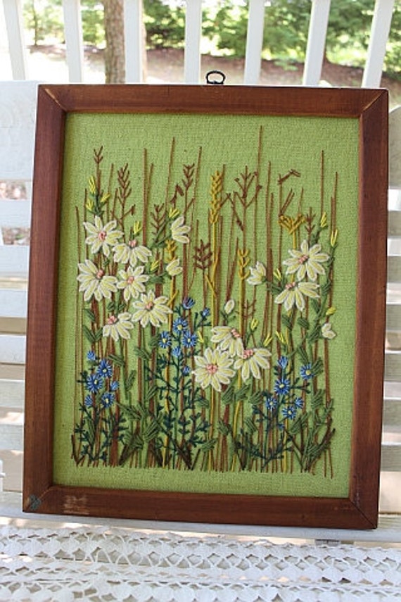 Crewel Embroidery Wall Hanging in Wood Frame