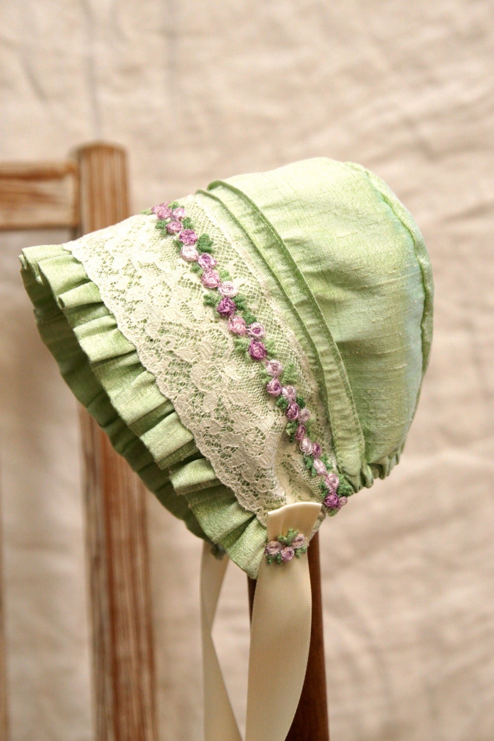 Silk and lace baby bonnet infant photo prop vintage