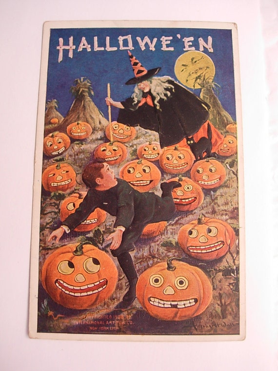 Antique  1908 Halloween Victorian Witch stabbing horrified  Pumpkins with evil Moon embossed postcard