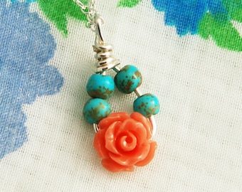Charm necklace, delicate rose necklace, Rose coral and turquoise necklace, sterling silver necklace, charm pendant