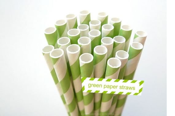 25 Lime GREEN Striped Paper Straws- Wedding Birthday Baby Shower Striped Straws w/ Flags PDF Il_570xn