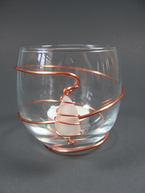 Sea glass tea light votive candle holder copper wire wrapped
