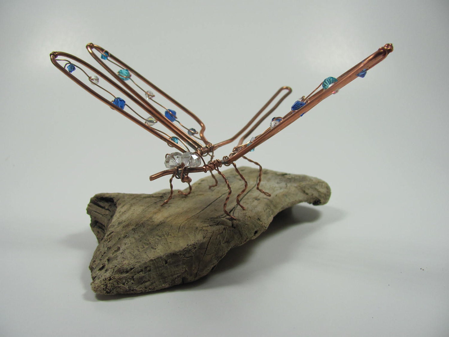 Copper wire dragonfly natural driftwood sculpture art