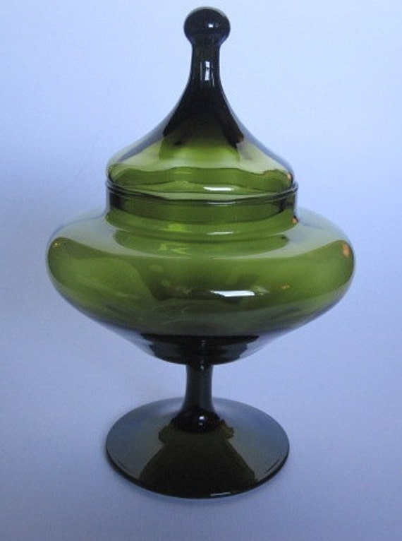 Vintage Olive Green Glass Pedestal Dish with by sorellavintagehome