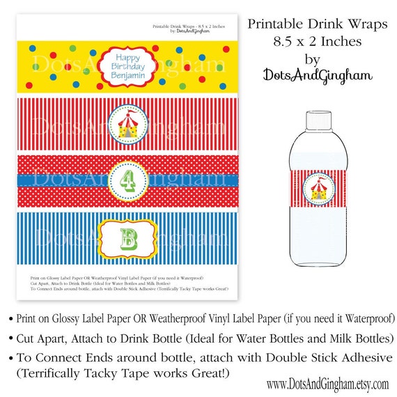 Circus Water Bottle Labels Printable Carnival by DotsAndGingham