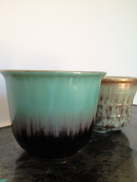 Vintage Sea Foam Green & Gold Planter Pots
