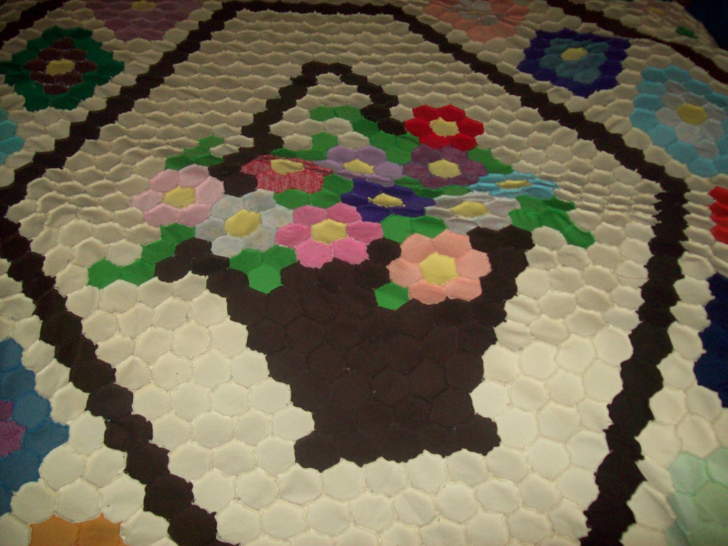 Vintage/Handmade King Size Hexagon Flower Basket Quilt Top