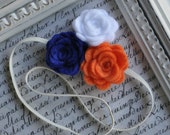 BSU Felt Flower Headband - Skinny Elastic, Roses - Boise State Broncos Blue and Orange and White- Choose your size