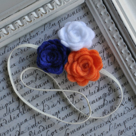 BSU Felt Flower Headband - Skinny Elastic, Roses - Boise State Broncos Blue and Orange and White- Choose your size