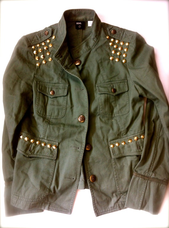 Womens Vintage Rock Military Jacket Army Green with Gold