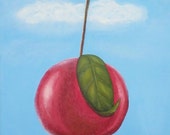 Pomegranate Sky  12"x17"- Red fruit hanging from brown tree branch with green leaf in front of sunny blue sky and clouds