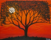 Morning Tree  12"x15"-black tree with yellow and orange dawn sky, sun and mountains