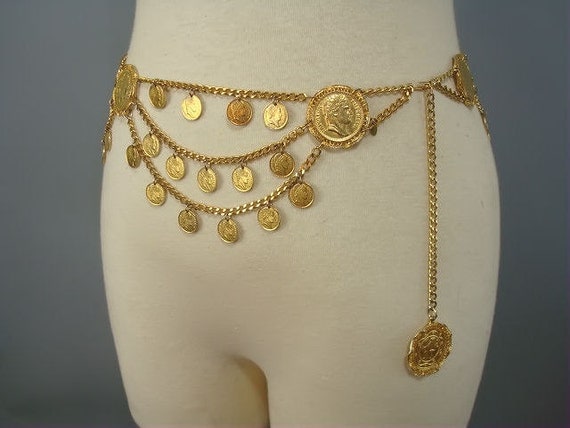 Vintage Gold Chain Belt // 80s Gypsy Hippie Dangling Coin Belt