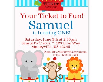 Circus Carnival Invitation Ticket - Blue Circus Animals Elephant, Monkey Lion Personalized Birthday Party Invite - a Digital Printable File