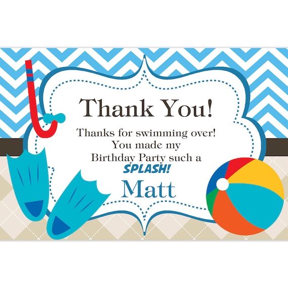 Pool Party Thank You Card Blue Chevron and Tan Argyle Beach