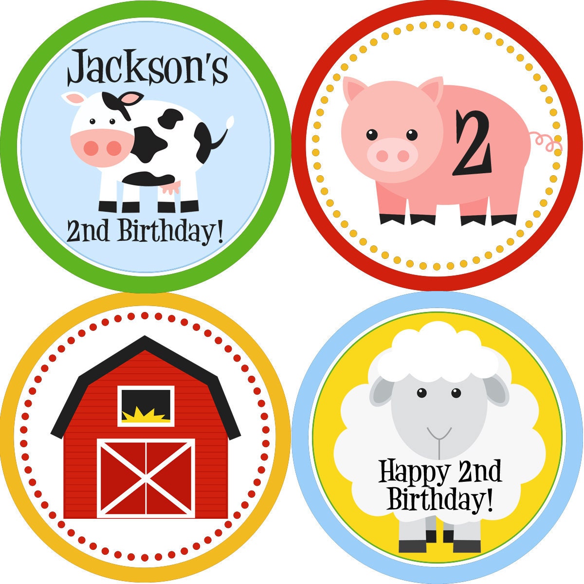 Farm Party Circles Colorful Barn Animals Cow Sheep and Pig