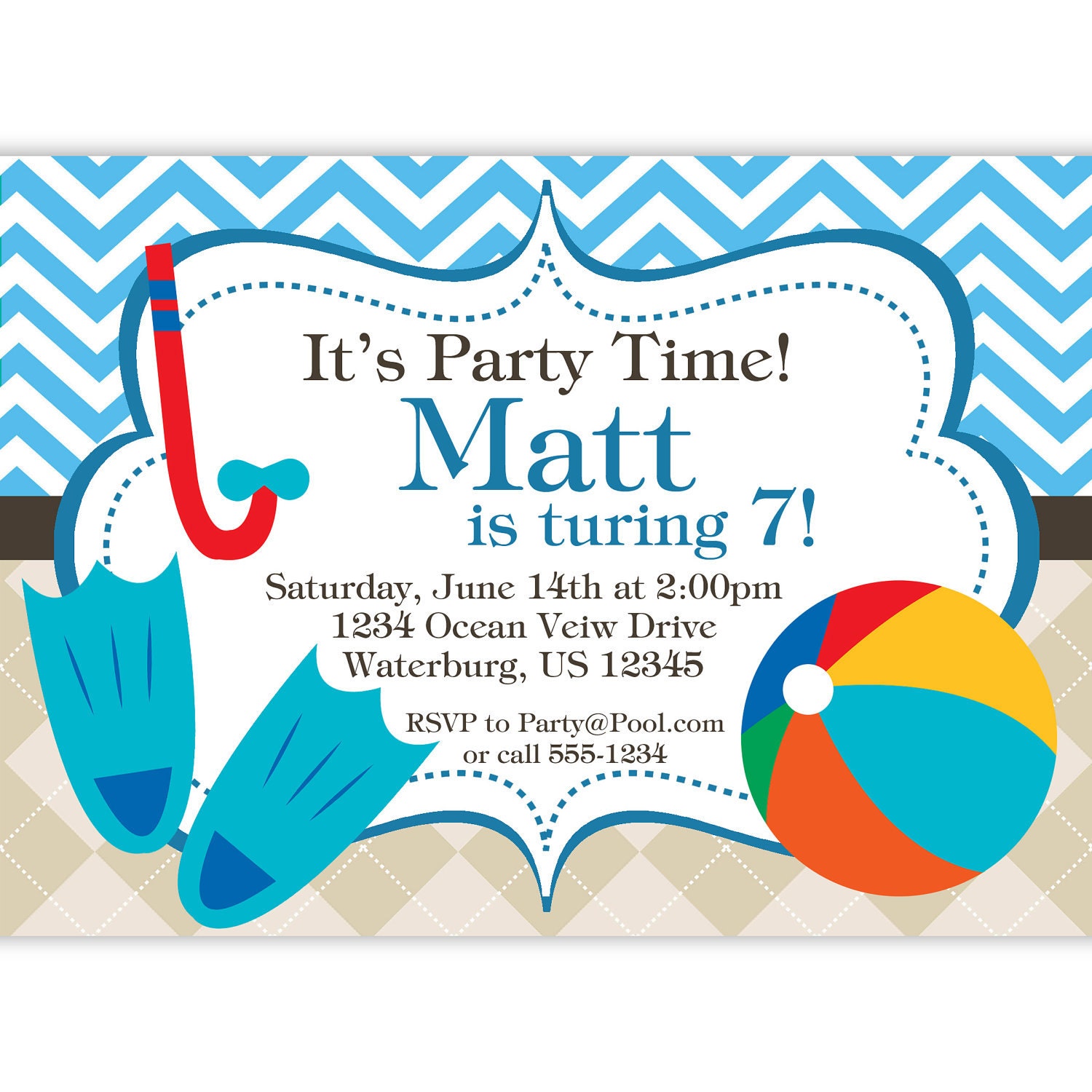  Pool Invitation Blue Chevron and Tan Argyle Beach Ball