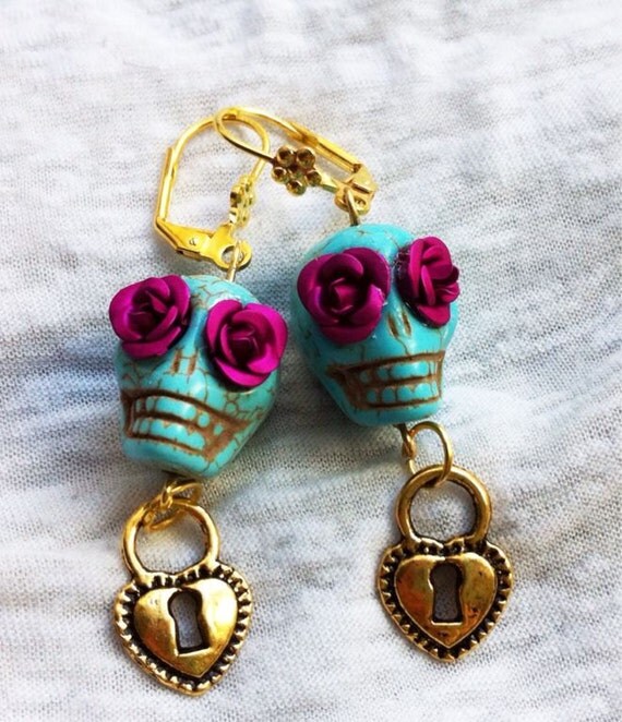 Dia De Los Muertos Turquoise Skull Magenta Rose Eyes Heart