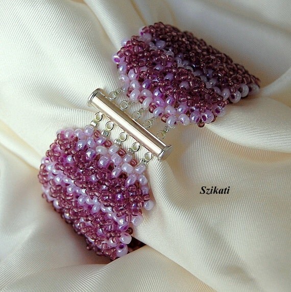 Beaded violet seed bead Right Angle Weave cuff bracelet OOAK