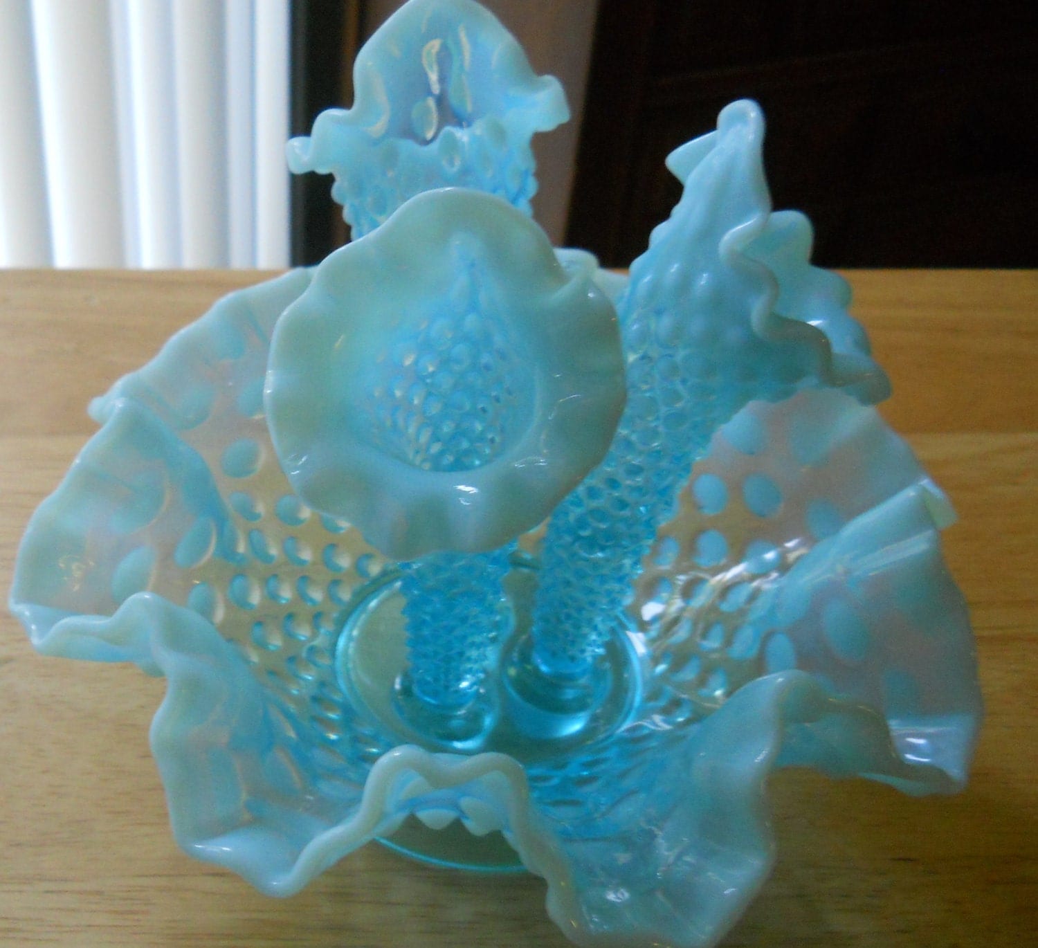 Fenton Glass Collectable Hobnail Powder Blue Opalescent 3 Horn