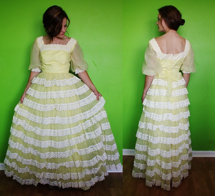 SALE Vintage 1970s Light Yellow Prom Dress with White Ruffles