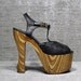 Vtg 70s Black Leather Wood Monster Platform T Strap Sandals 7