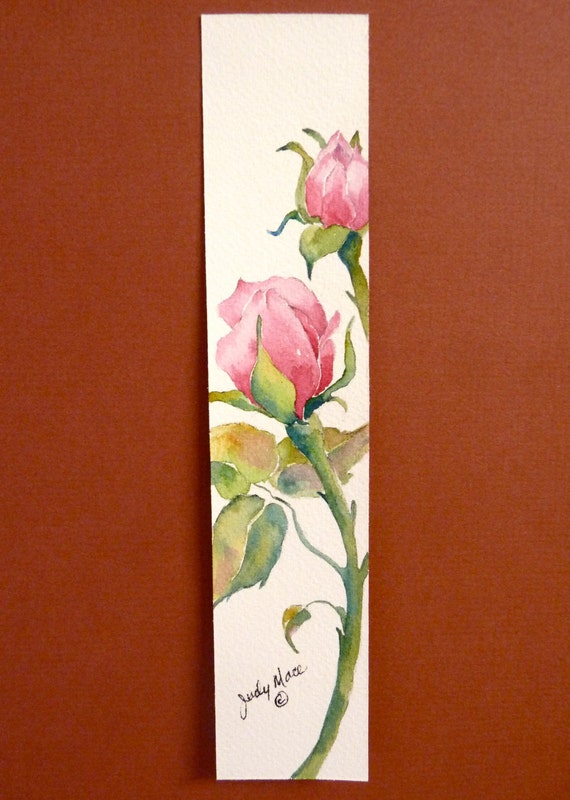 Original pink roses watercolor book mark