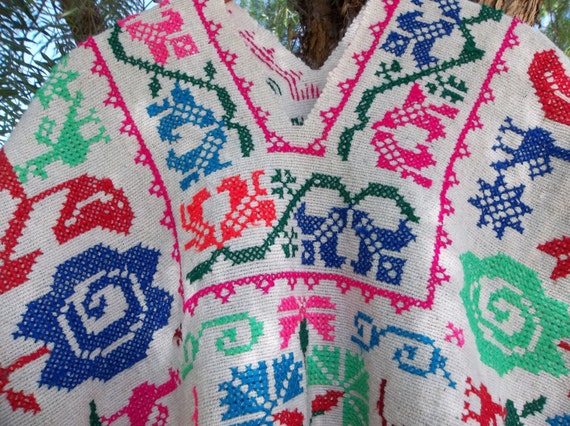 1960's Mexican Poncho Cross Stitched // Rare Multicolor