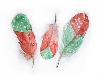 Feather painting/ Art original-feathers sketches/ Feathers in mint and coral painted by watercolor-Minty feathers painting-Art original