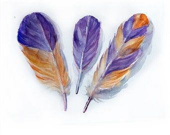 Feathers painting original-Art original-Feathers in violet and orange-wall art 10.5/14/5 inches