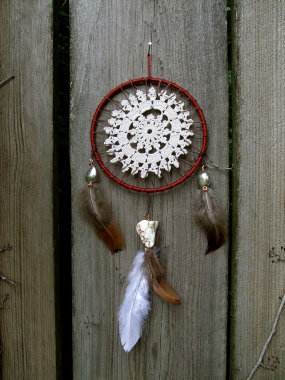 Autumn Crochet Doily Dream Catcher burnt red and brown