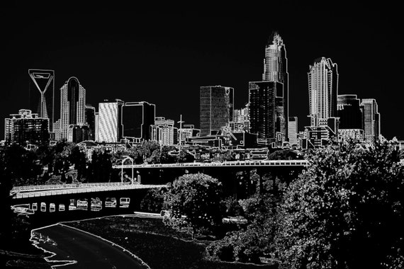 Items similar to Charlotte skyline in black and white pencil sketch ...