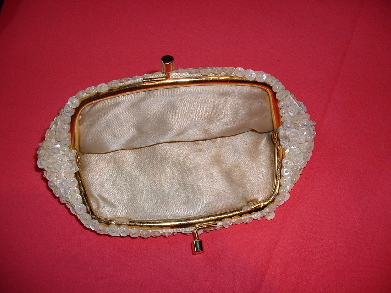 Mother of Pearl Sequins and Pearl Beaded Satin Clutch all