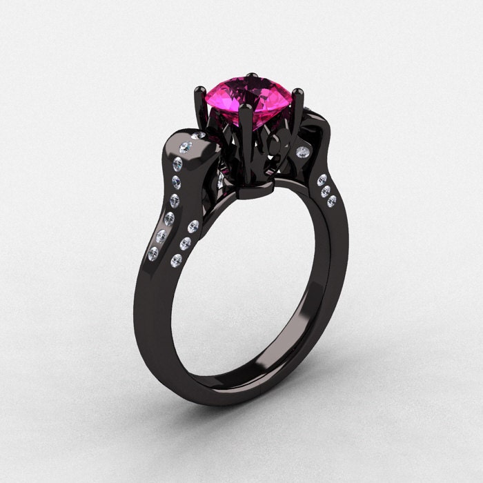 14K Black Gold Pink Sapphire Diamond Wedding Ring Engagement