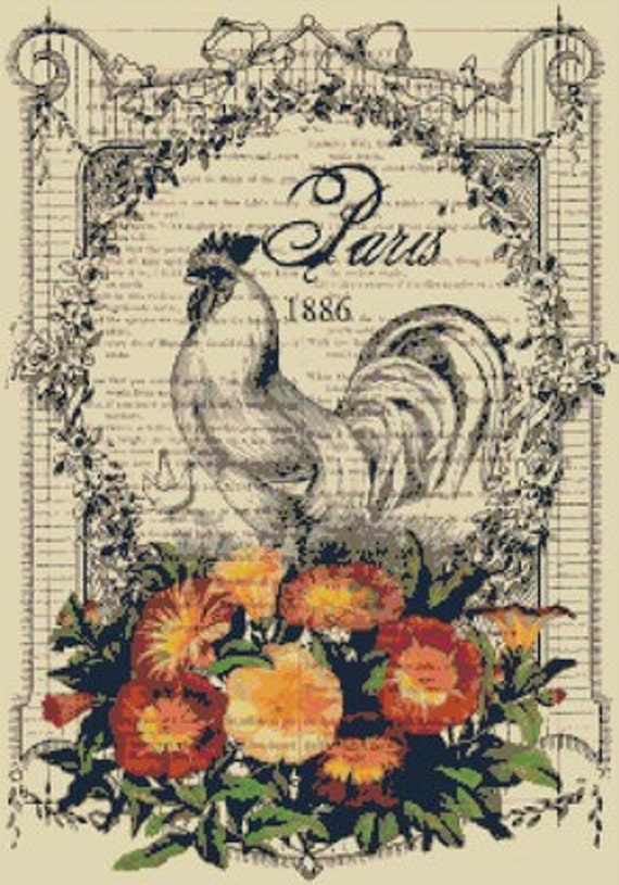 French Country Rooster and Flowers Ephemera Cross-Stitch