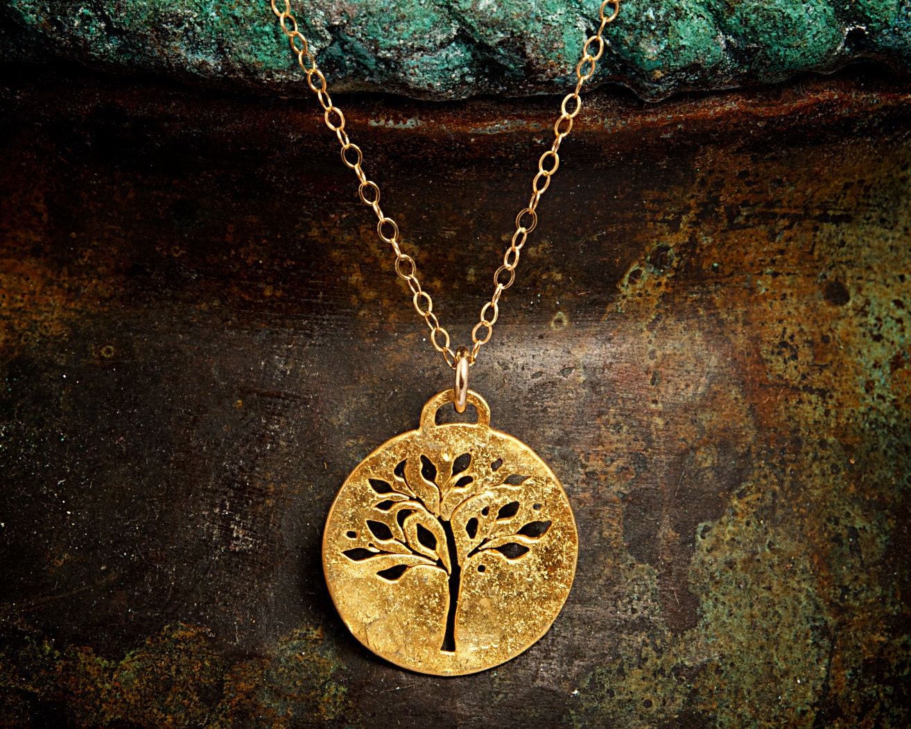 Gold Tree of Life Necklace Round Vermeil Pendant with a