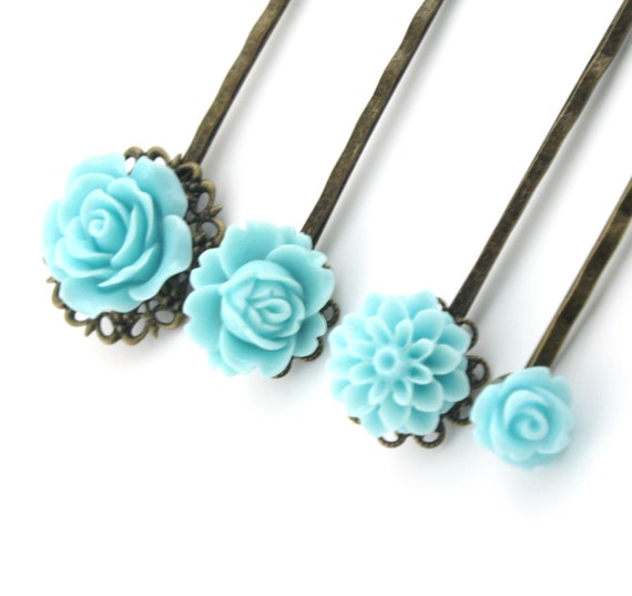 Items similar to Turquoise Hair Accessories Blue hairpins with roses