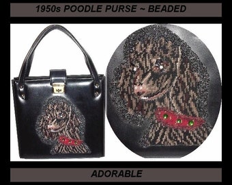 Vintage 1950s Purse Handbag Poodle Needle point Beaded Designer Mad Man Rockabilly Retro Garden Party Collectible Beaded