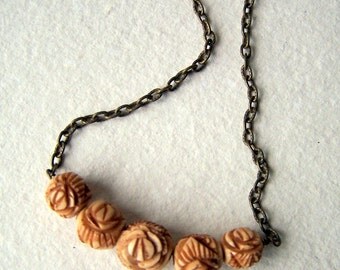 Rose Necklace - Bone Rose Necklace - vintage carved tea dyed bone rose bead necklace - Rustic Wedding - floral jewelry - Boho Chic